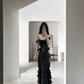 Black off-the-shoulder fitted waist slimming hip-hugging sexy long ball gown R8032
