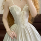 White Spaghetti-Strap Waist-Cinched Puffy-Hem Ball Gown, Bridal Gown R7320