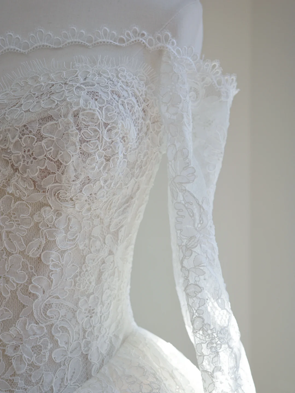 White off-the-shoulder, fitted waist, full skirt, long ball gown R8510