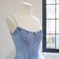 Blue halter-neck fitted waist long ball gown with feather skirt R8452
