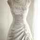 White halter-neck, fitted waist, pleated long ball gown R6806