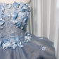 Light gray-blue strapless, fitted waist, three-dimensional floral, full skirt, long ball gown R8368