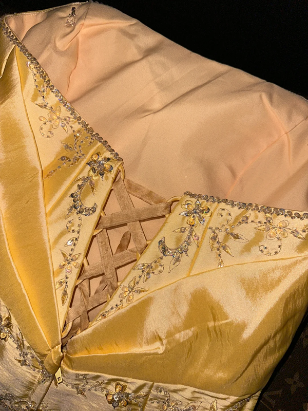 Gold strapless cinched waist ball gown R6966