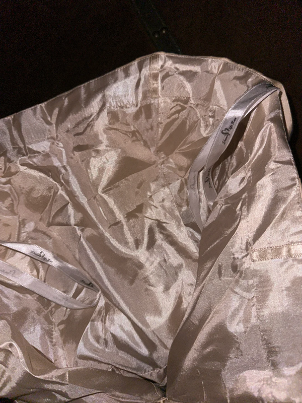 Champagne-colored strapless, fitted waist, asymmetrical hem ball gown R7046