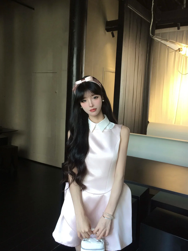 Pink satin sleeveless waist slim fit temperament princess skirt homecoming dress R5076