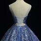 Blue suspender sequined backless waist A-line puffy princess dress homecoming dress R4955