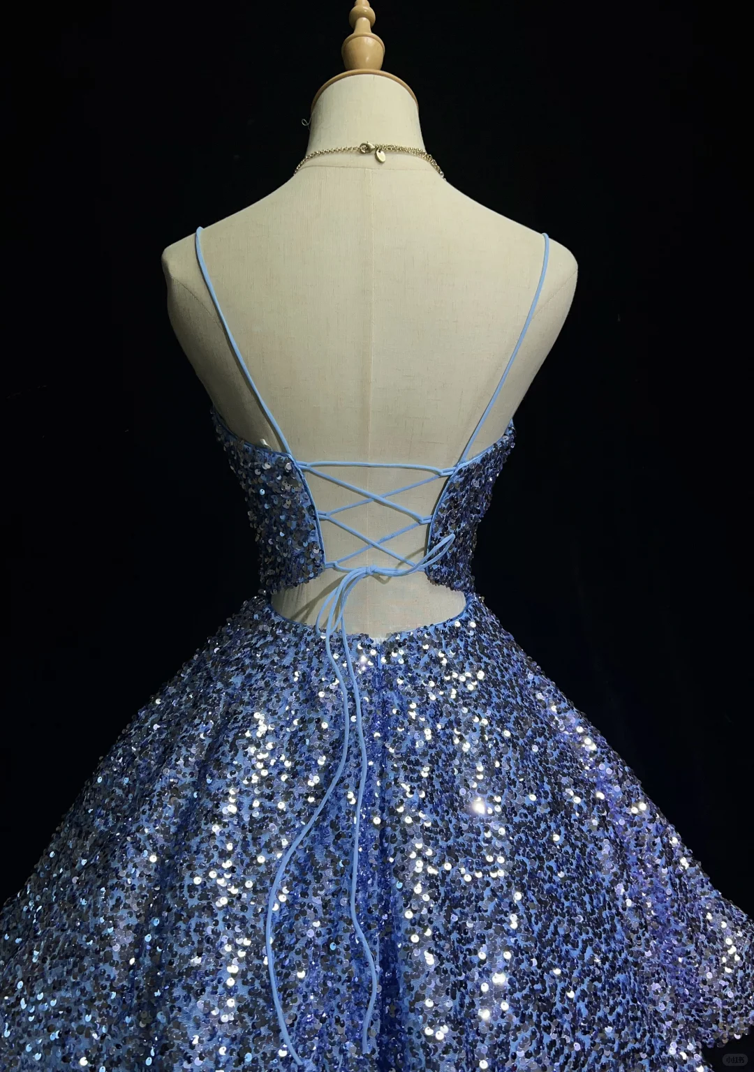 Blue suspender sequined backless waist A-line puffy princess dress homecoming dress R4955