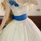 White Polka-Dot Ruffled Neckline Waist-Cinched Puffball Skirt Ball Gown, Bridal Gown R7338