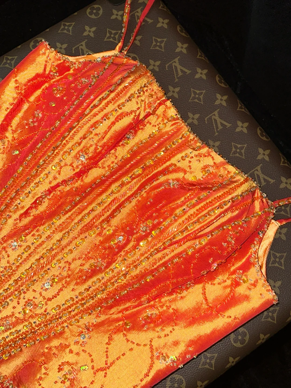 Orange halter-neck fitted long ball gown R7006