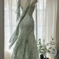 Light green halter neckline, fitted waist, elegant long ball gown R7602