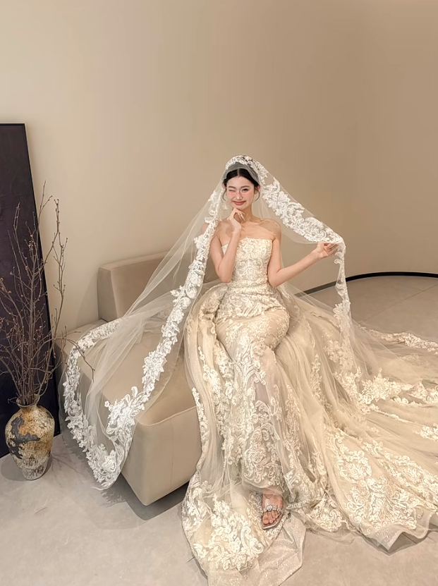 White strapless lace waist slim sexy fishtail long dress bridal gown R6028