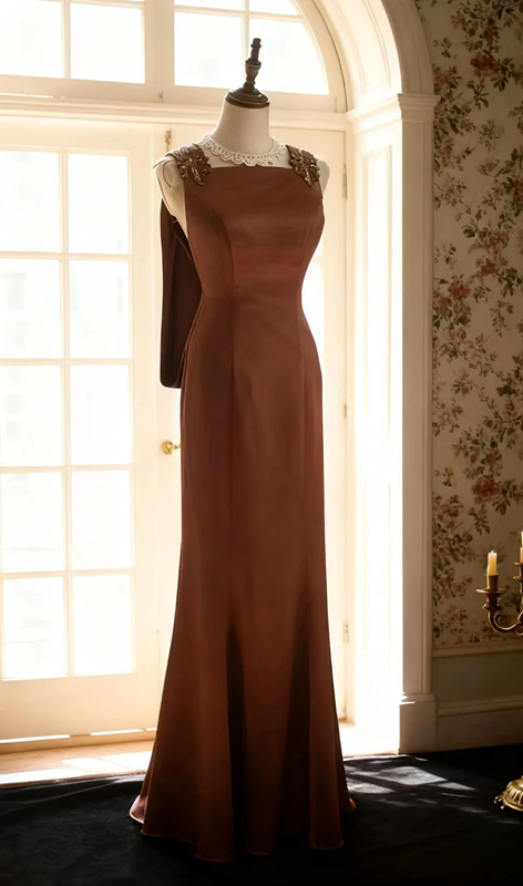 Brown satin backless sexy and elegant long ball gown R6727