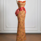 Orange strapless classic floral pattern fitted waist bodycon long ball gown R8227