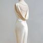 Champagne-colored satin fitted backless bodycon long ball gown R8161
