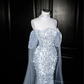 Light blue sequined one-shoulder waist-hugging hip-wrapped fishtail sexy long skirt, prom dress R5616