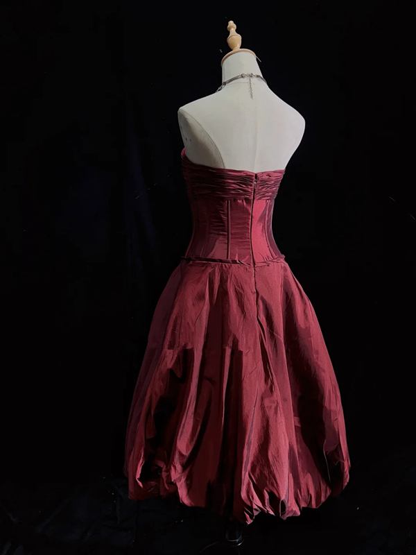 Dark red tube top pleated top with bud skirt short skirt suit homecoming dress R4996