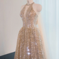 Apricot halter neck fitted waist long ball gown, bridal dress R9003