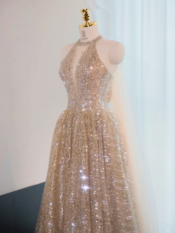 Apricot halter neck fitted waist long ball gown, bridal dress R9003