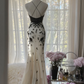 Black and white color-blocked halter-neck fitted bodycon long ball gown R7722