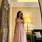 Light yellow off-the-shoulder fitted long ball gown, bridal dress R8598