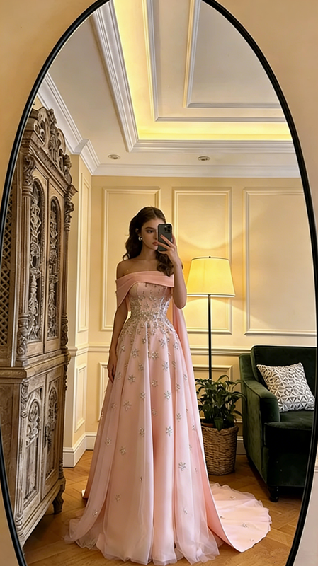 Light yellow off-the-shoulder fitted long ball gown, bridal dress R8598