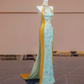 Light blue and yellow spliced cheongsam sexy long ball gown R8335
