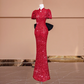 Red puff-sleeved, fitted waist, bodycon, sexy long ball gown/bridal dress R8392