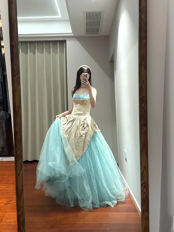 Champagne-colored strapless, fitted, long ball gown with a lake blue skirt R8853