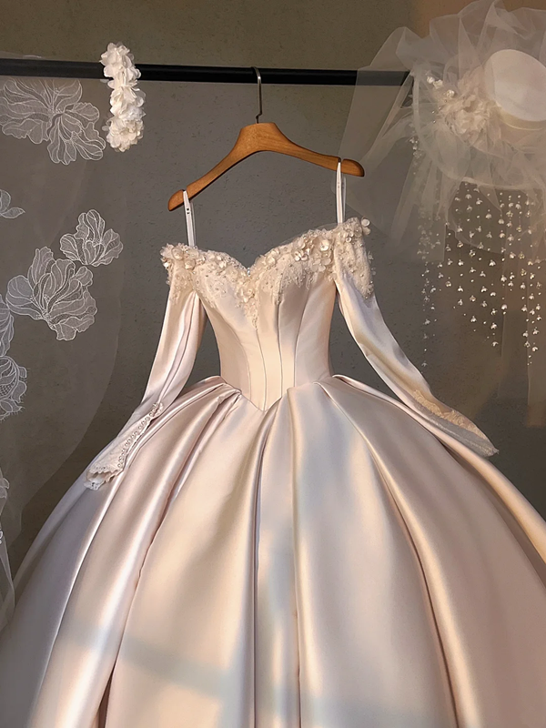 White elegant satin strap one shoulder puffy skirt bridal dress R5694