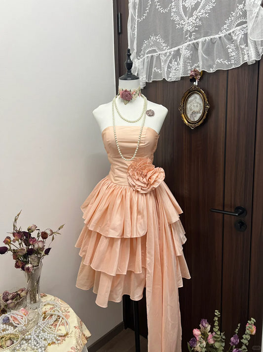 Pink tube top waist slim cake skirt homecoming dress R4305