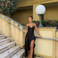 Spaghetti Strap Black Satin Dress Elegant Sleeveless Evening Dress     S5332