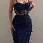 Vintage Mermaid Straps Birthday Party Dresses Navy Blue Lace Prom Dresses         S7147