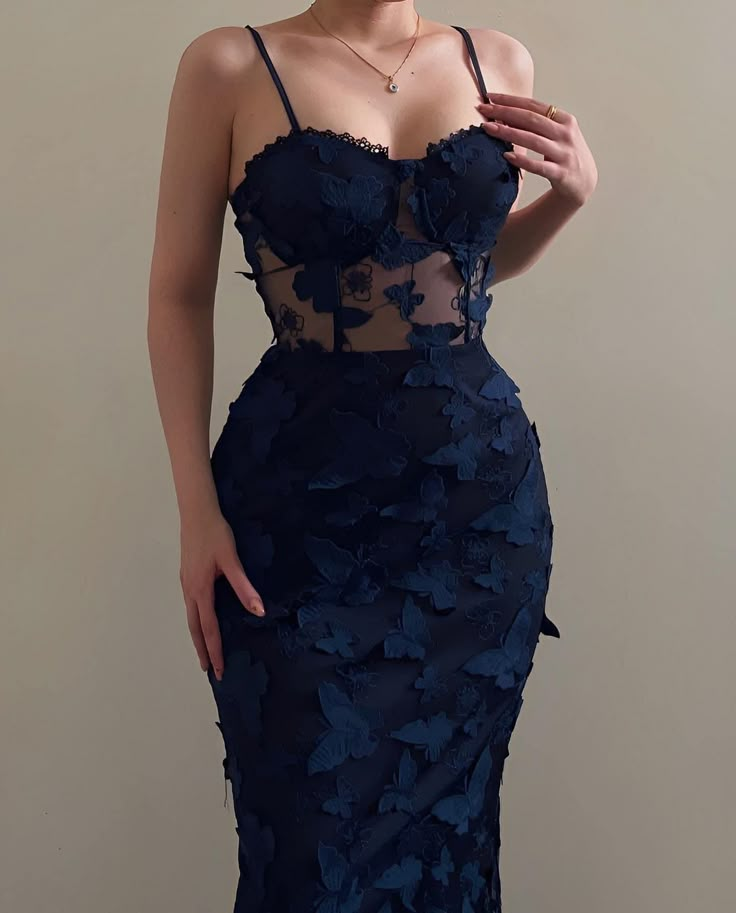 Vintage Mermaid Straps Birthday Party Dresses Navy Blue Lace Prom Dresses         S7147