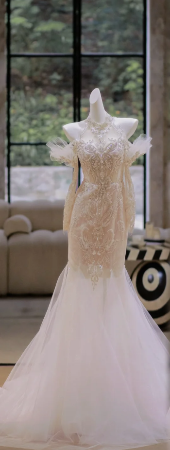 Apricot halter neck diamond waist slim hip fishtail long dress bridal gown R5811