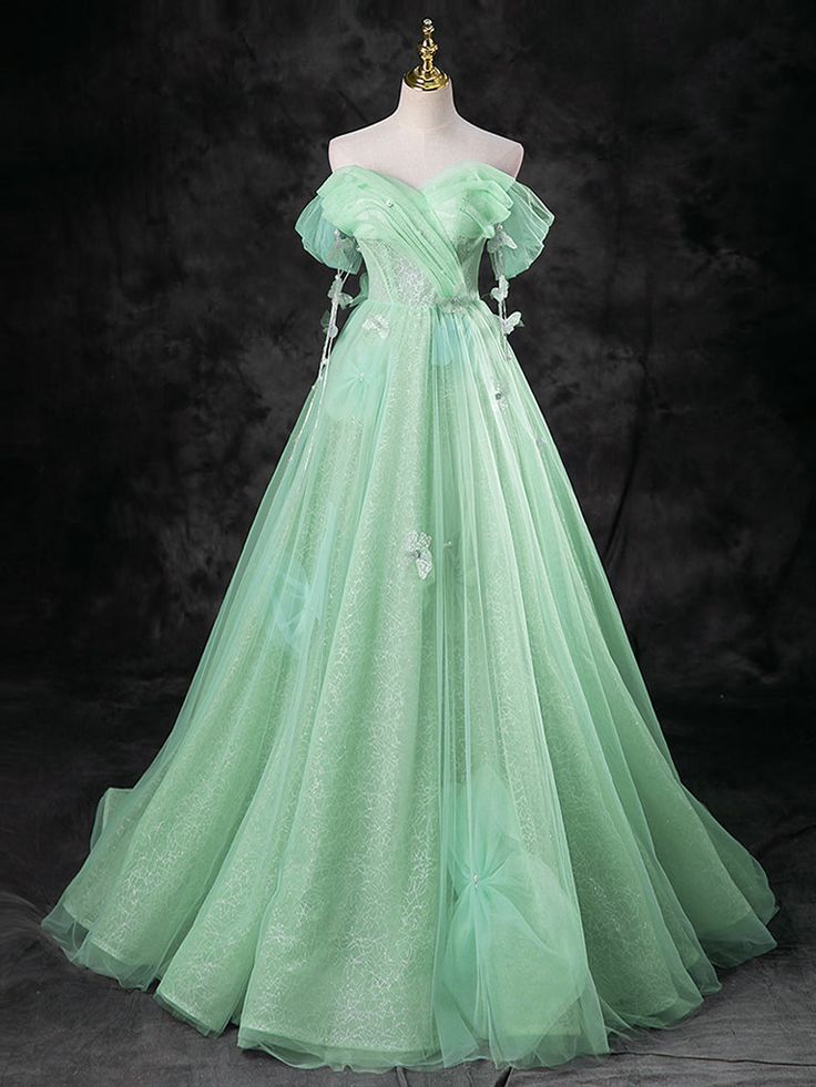 Green A-Line Off Shoulder Tulle Long Prom Dress, Green Long Formal Dress      S5391