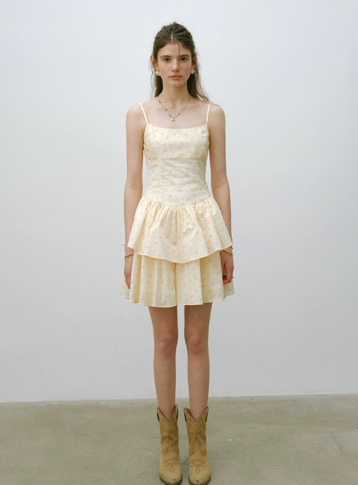 Yellow Ditsy Floral Cami Mini Dress Women With Tiered Ruffle Skirt R9474
