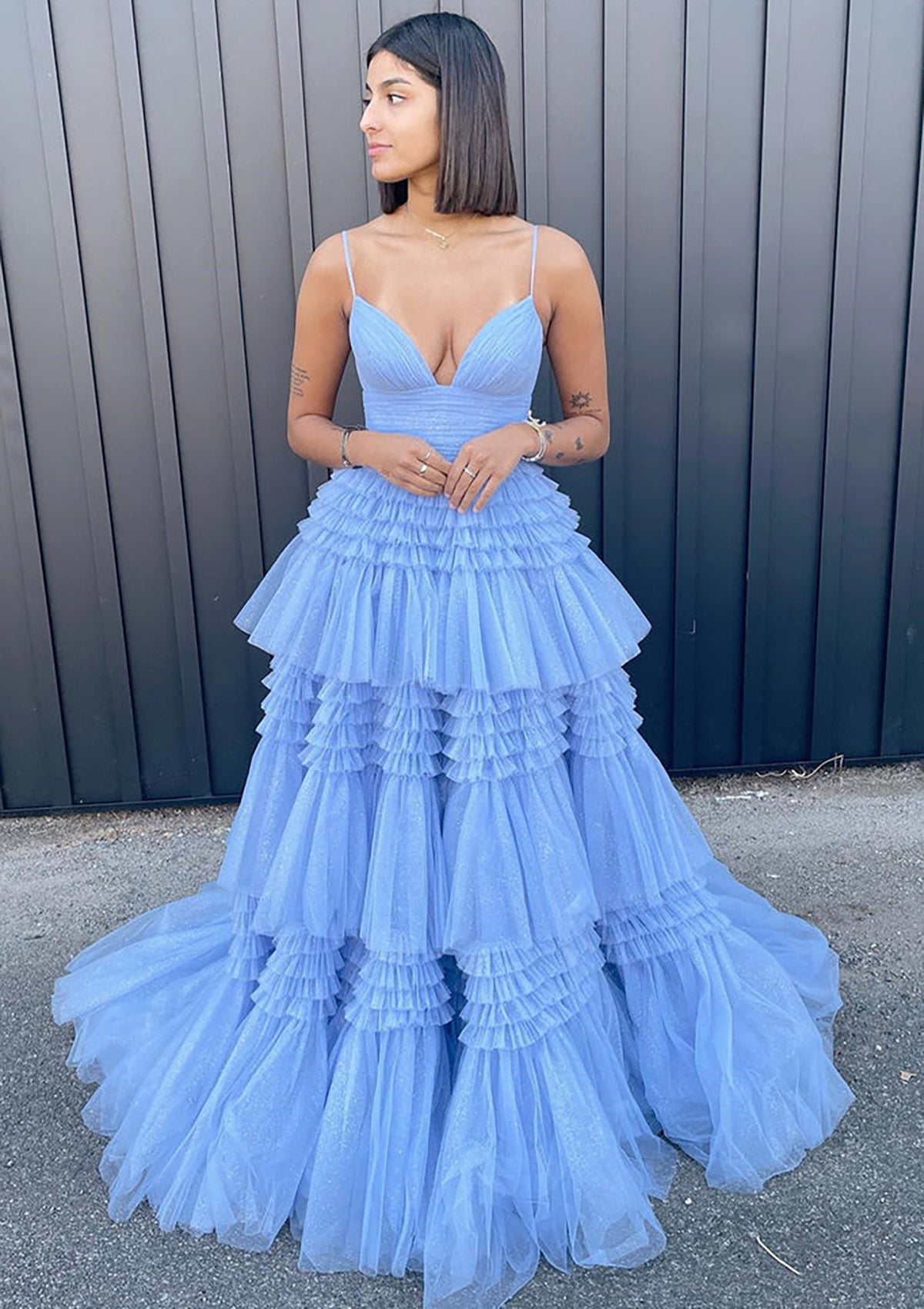 Pink V-Neck Tulle Long Ball Gown      S1373