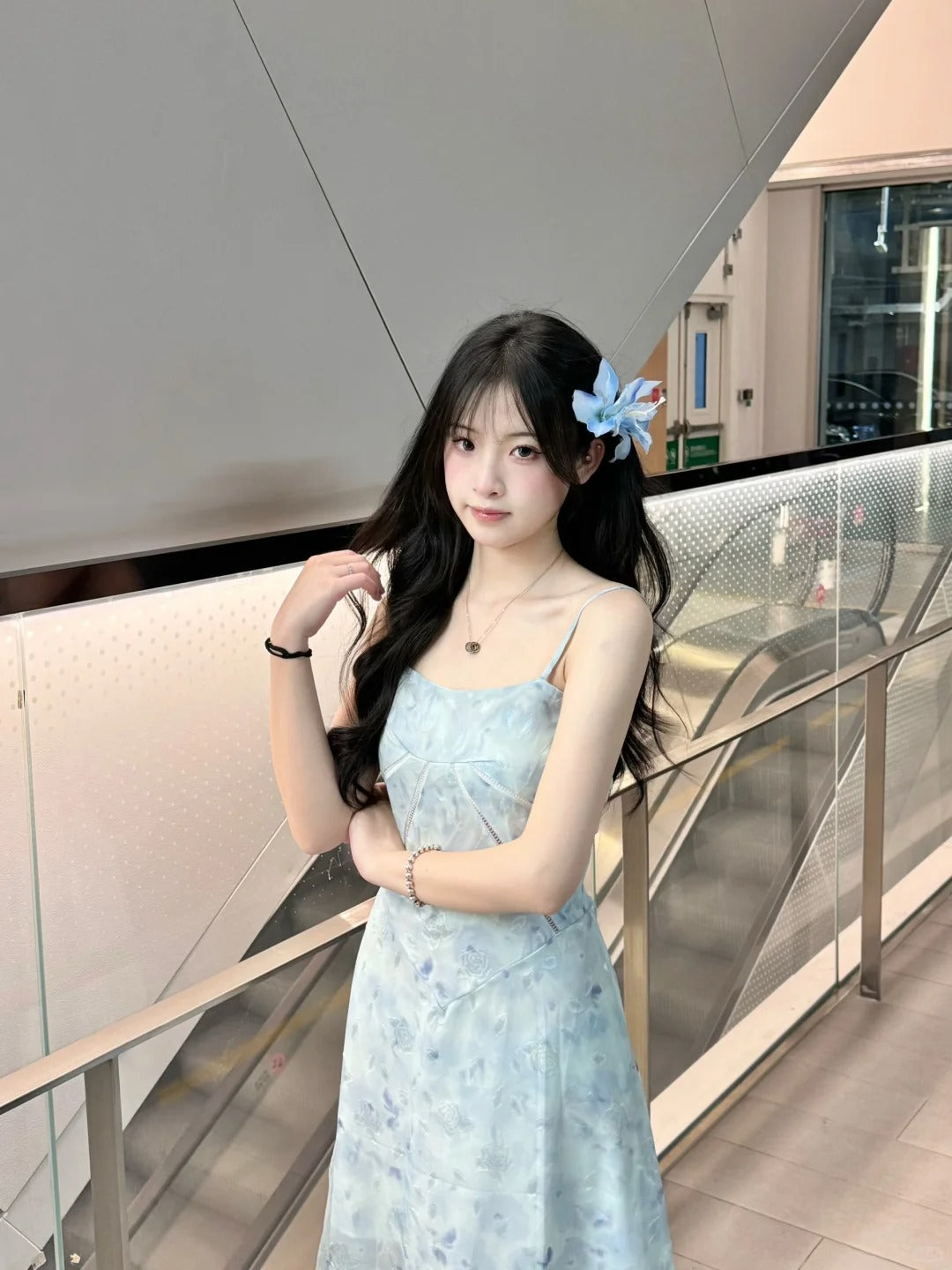 Light Blue Floral Spaghetti Strap Maxi Dress R9119