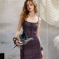 Edgy Y2K Purple Plaid Mini Dress With Lace Trimmed Neckline And Adjustable Straps R9307