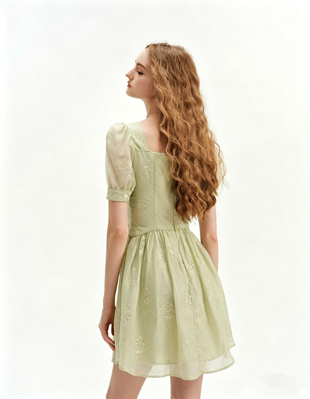 Light Green Floral Embroidered Mini Dress Women With Square Neck And Puff Sleeves R9469