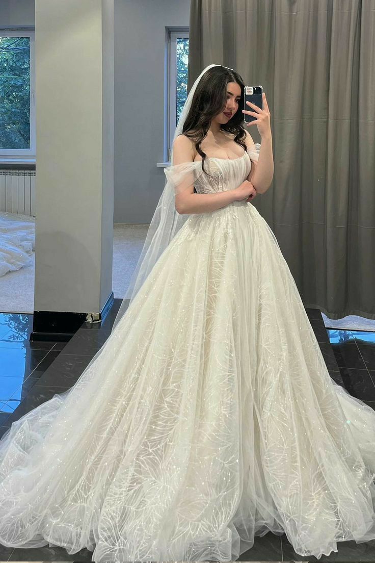 A Line Off Shoulder Tulle Wedding Dress Modest Princess Bridal Gown      S7097