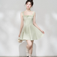 Minimalist Mint Green Flare Dress, Women's Square Neck with Ruffled Straps and Tie Detail Mini Dress R9330