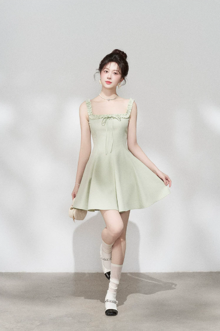 Minimalist Mint Green Flare Dress, Women's Square Neck with Ruffled Straps and Tie Detail Mini Dress R9330