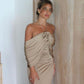 Champagne Evening Dress Sleeveless Floor Length 3D Flower Pleat Sexy Formal Occasion Dress     S7032