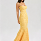 Yellow Floral Jacquard Mermaid Maxi Dress with Lace-Up Back R9137
