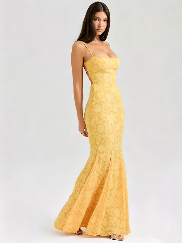 Yellow Floral Jacquard Mermaid Maxi Dress with Lace-Up Back R9137