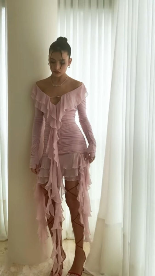 Pink Off Shoulder Chiffon Evening Gowns Party Dresses With Ruffles   S6943