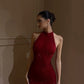 Burgundy Sequin Halter Prom Dress Long Evening Party Dress     S7031