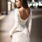Vintage Floral Boho Lace Wedding Dress with Sleeves Modest Boat Neck Low-V Back Princess Bridal Gown      S7088