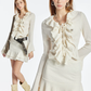 Cream White Ruffle Lace Up Long Sleeve Mini Dress Women Fall High Waist French Style R9387
